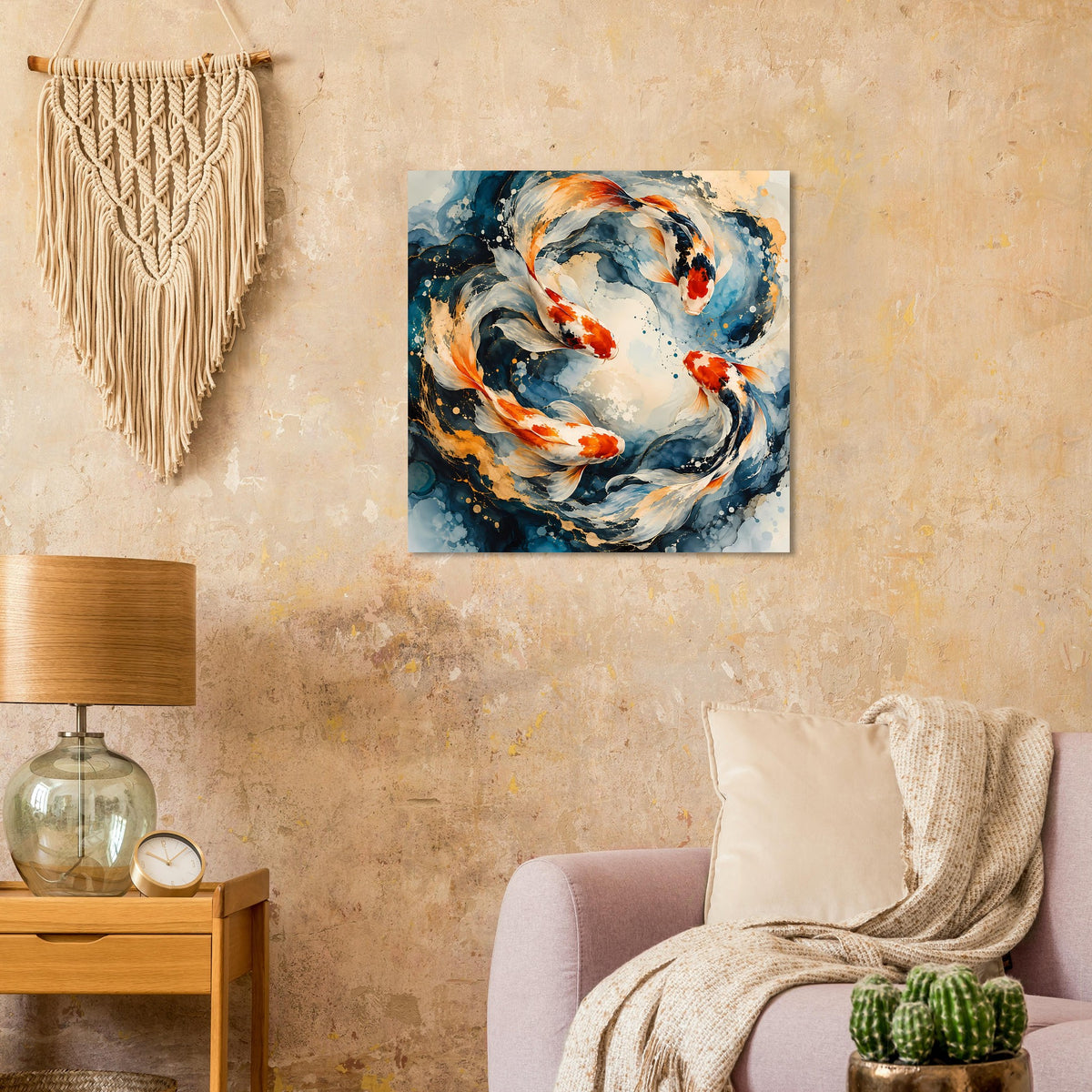 Quadratisches Poster mit Koi-Fischen, Blau-Orange-Töne und helle Wirbel im Zentrum