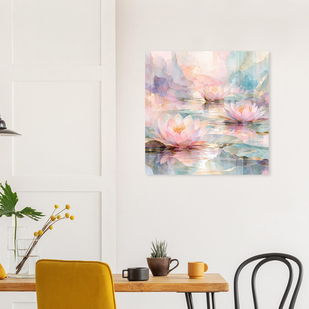 Quadratisches Poster mit Seerosen im Wasser, Pastellnuancen aus Rosa, Blau und Creme.