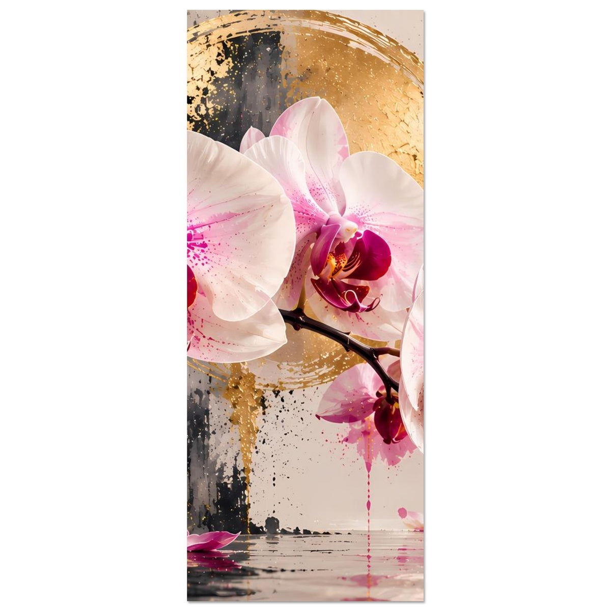 Orchideenposter im Hochformat, rechte Blütenpartie mit goldfarbenem Bogen und violetten Knospen