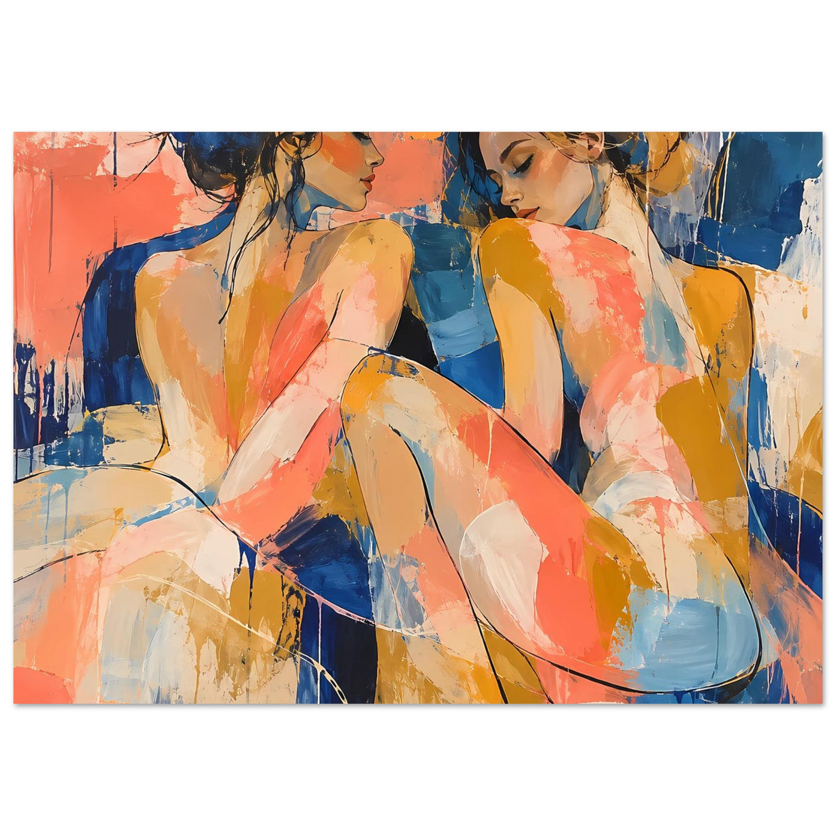 Kunstposter mit abstrakten Damenfiguren, Blickkontakt, Blau- und Korallfarbtöne, Querformat