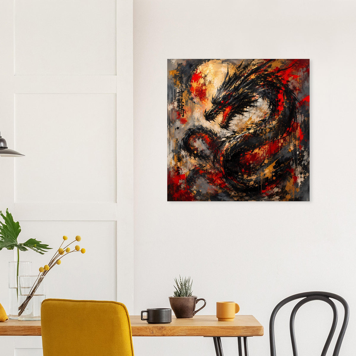 Abstraktes Drachenposter in Rot und Schwarz mit goldenen Punkten und schwarzem Kopfmotiv