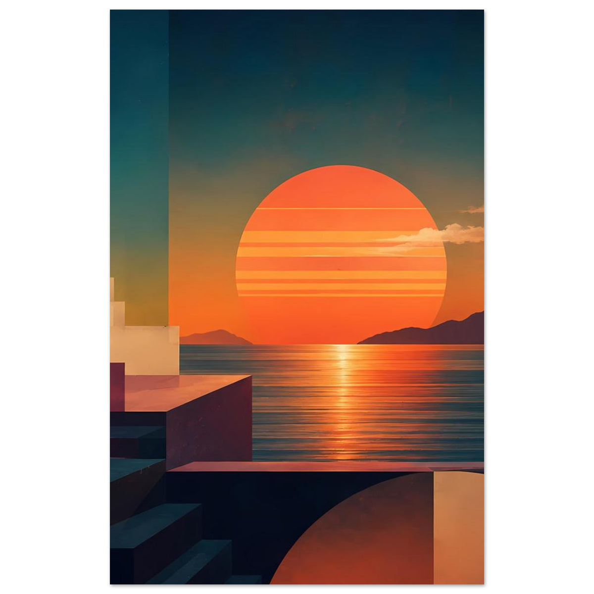 Vertikaler Kunstdruck mit orangefarbenem Sonnenkreis, Küstenlinie, Bergsilhouetten und Quadern