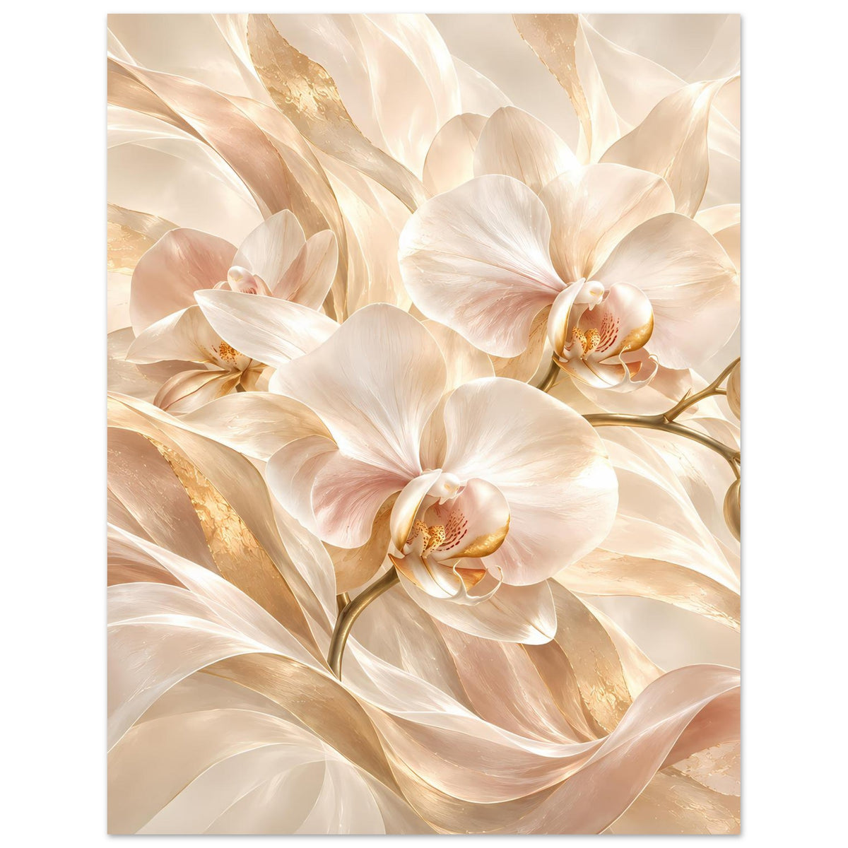 Orchideen-Poster mit weißen Orchideenblüten und goldenen Akzenten, hochformatig
