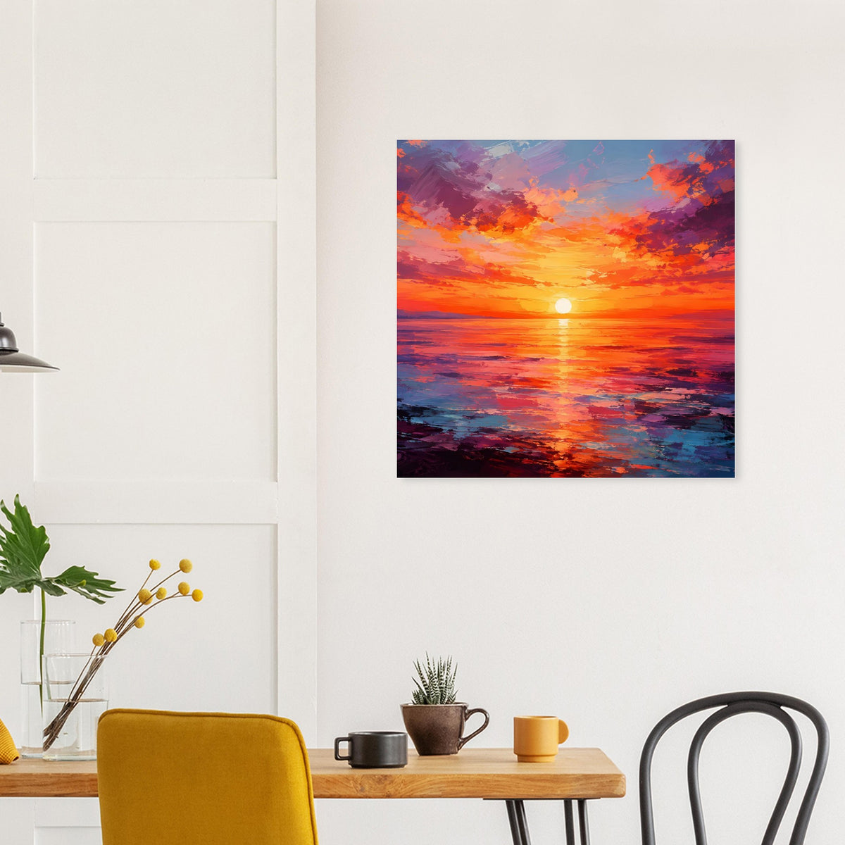 Gerahmtes quadratisches Poster: Sonnenuntergang über dem Meer, orangefarben, mit violetter Wolkendecke.