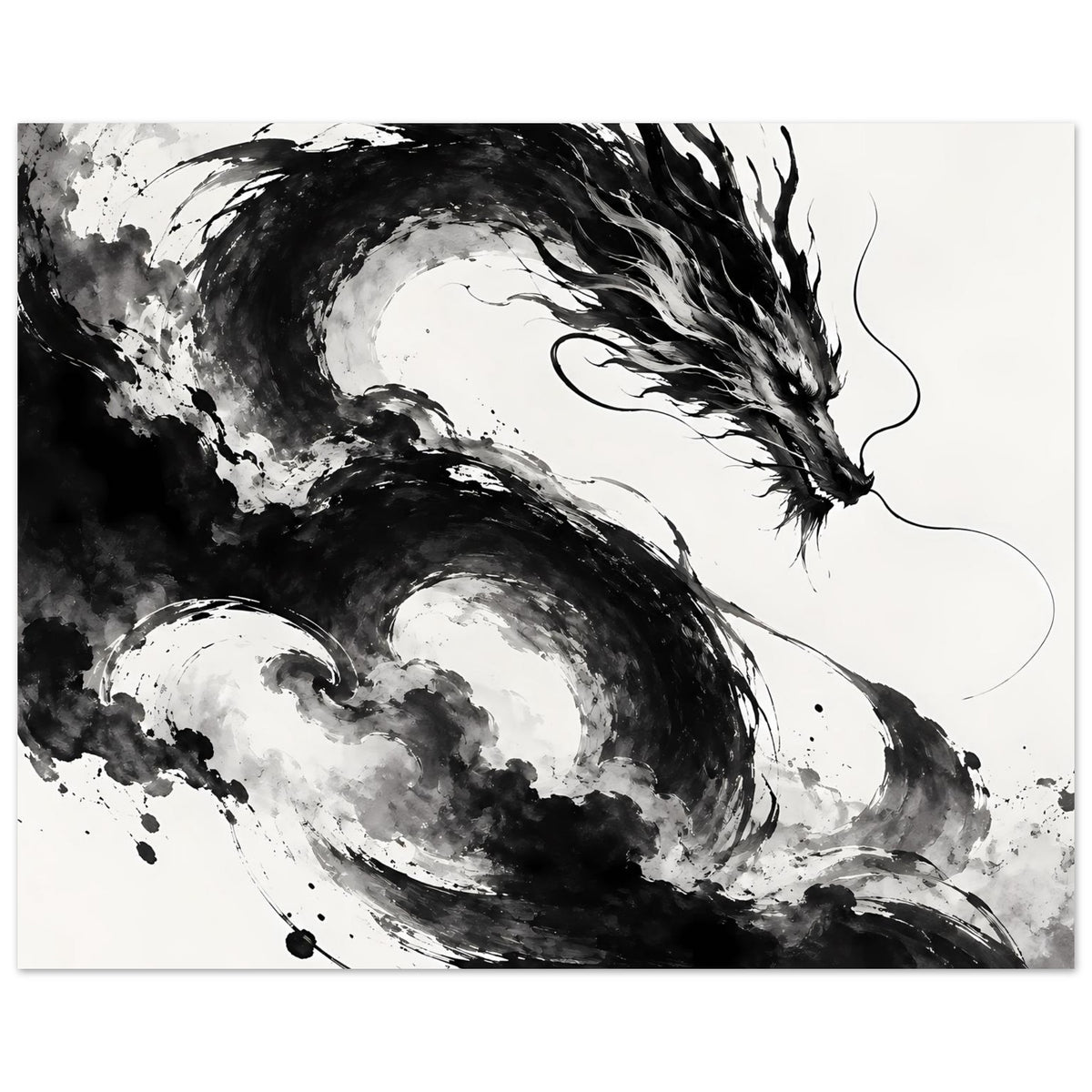Poster mit schwarz-weißer Drachenillustration, Fokus auf Kopf und Flügelstriche