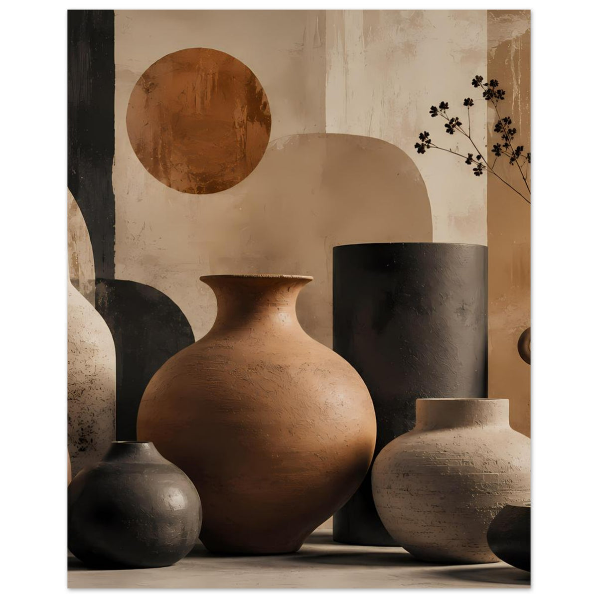 Gerahmter Posterdruck: Terrakotta-Vase vorne, mehrere Bechervasen und dunkle Vasen dahinter.