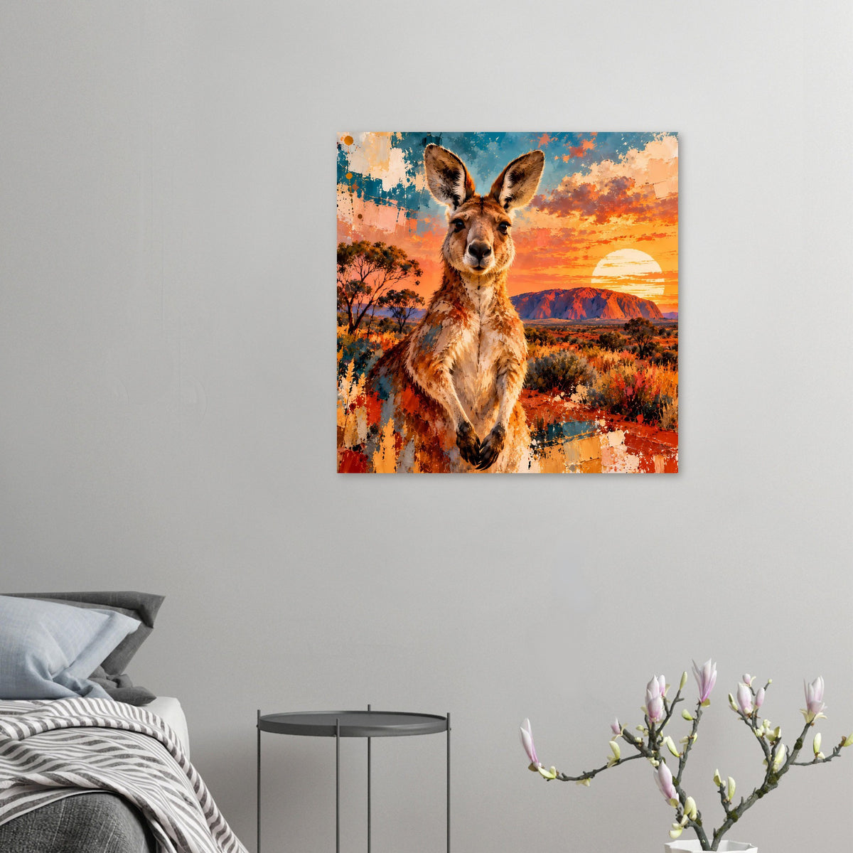 Quadratisches Poster mit Känguru und Sonnenuntergang in warmen Farbtönen