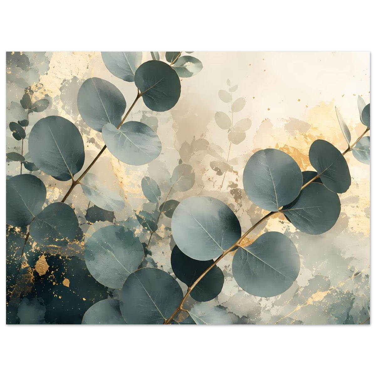 Elegantes Eukalyptus-Poster mit Goldakzenten, querformatig: Eukalyptusblätter in Blaugrün