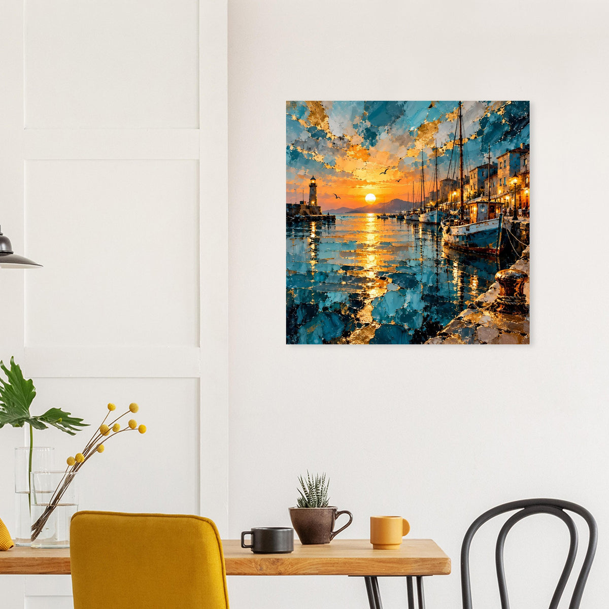 Quadratisches Poster mit Hafen bei Sonnenuntergang, blaue Gewässer, goldene Sonne, Boote