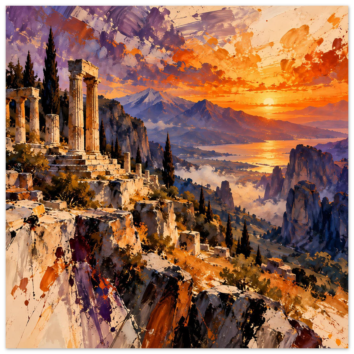 Premium-Mattposter mit Ruinen, Sonnenuntergang über Tälern, Querformat, leuchtendes Orange am Horizont