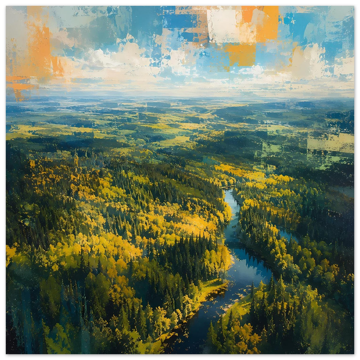 Herbstwald-Poster mit Fluss, goldene Baumkronen und blauem Flusslauf