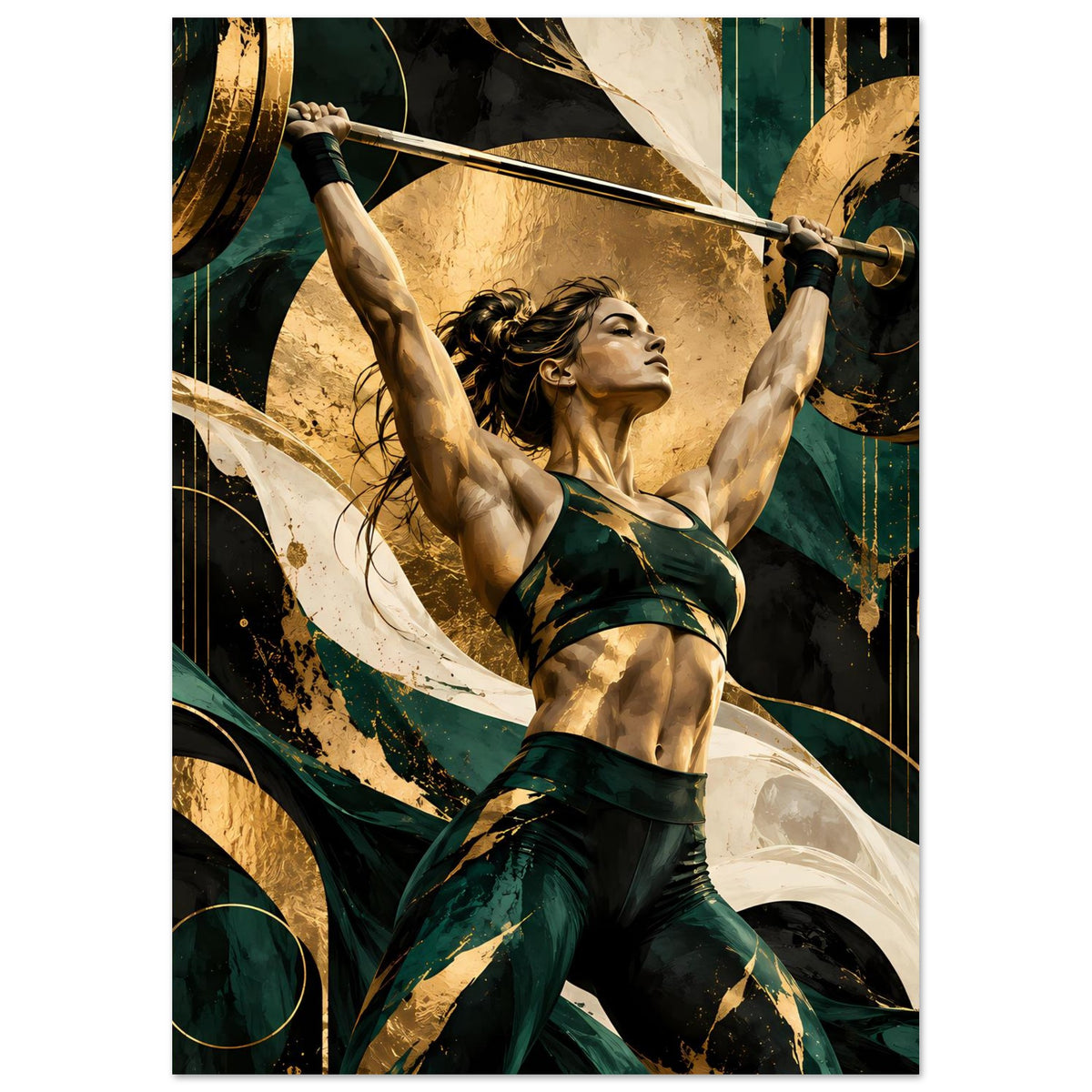Kraftposter: Athletin im grünen Sportoutfit hebt die Hantelstange, goldene Details im Bild
