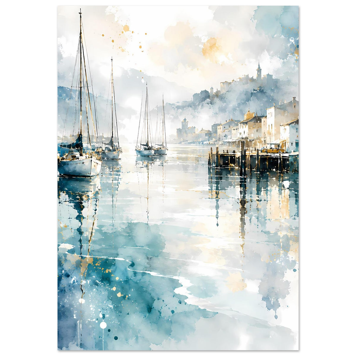 Maritimes Aquarell-Poster: Segelboote links, Hafenlandschaft rechts mit Kirchturm, blau.