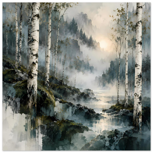 Hochformatposter: Birkenwaldlandschaft mit Nebel, Felsen am Ufer und Wasserfläche