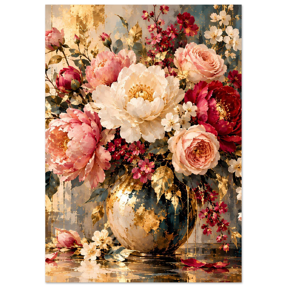 Blumenposter: bunte Pfingstrosen und Rosen in dunkler Vase, mit goldenen Farbsprenkel-Details.