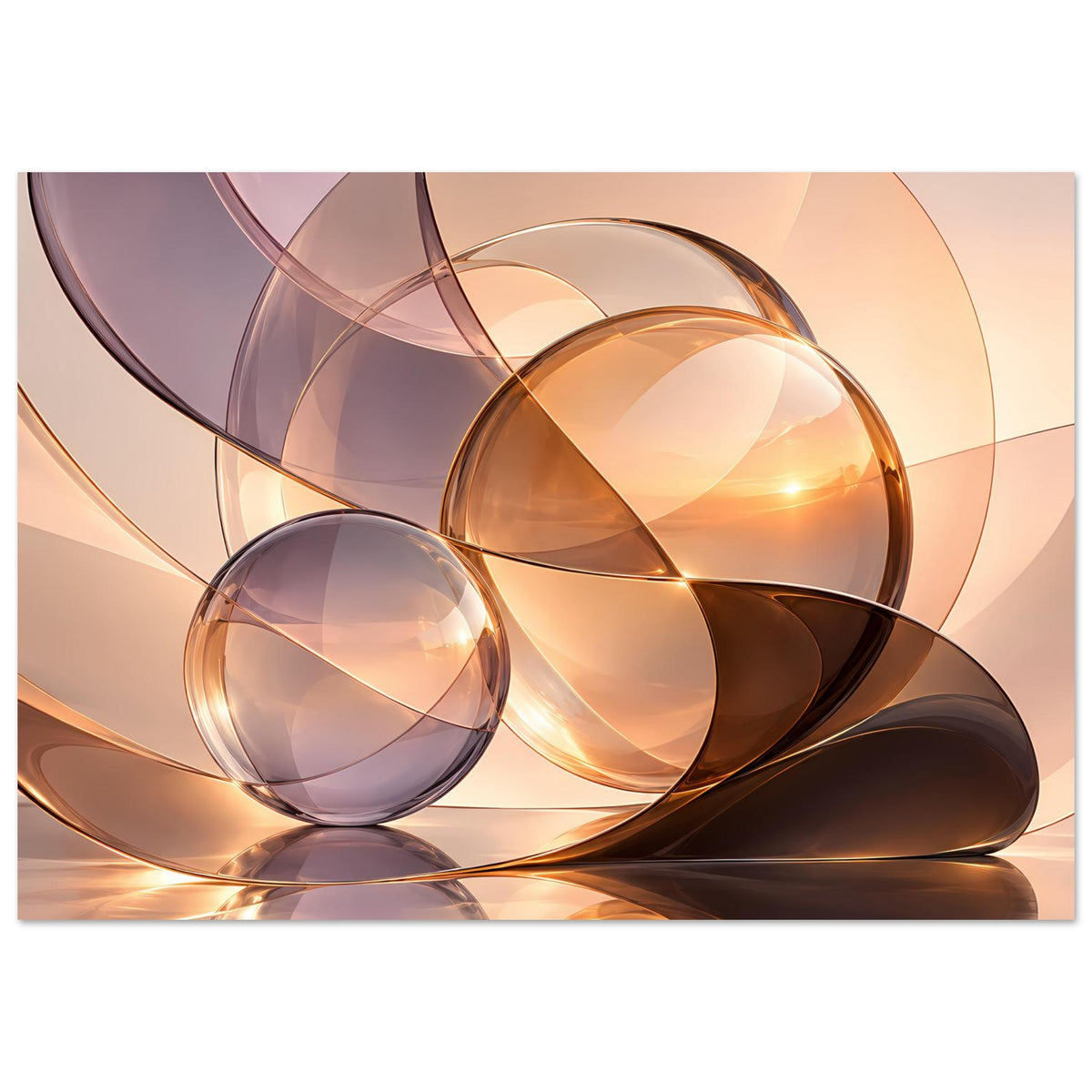 Abstrakter Kunstdruck mit warmen Glas-Sphären, gold- und lilafarbenen Kurven