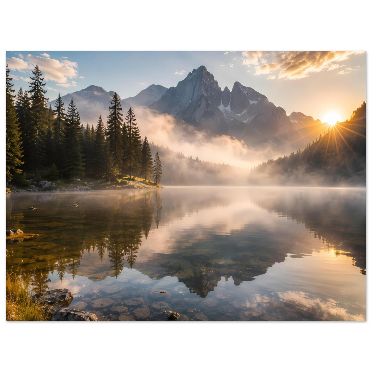 Horizontales Poster mit Berggipfeln, Nebel im Tal, Sonnenaufgang und See-Spiegelung