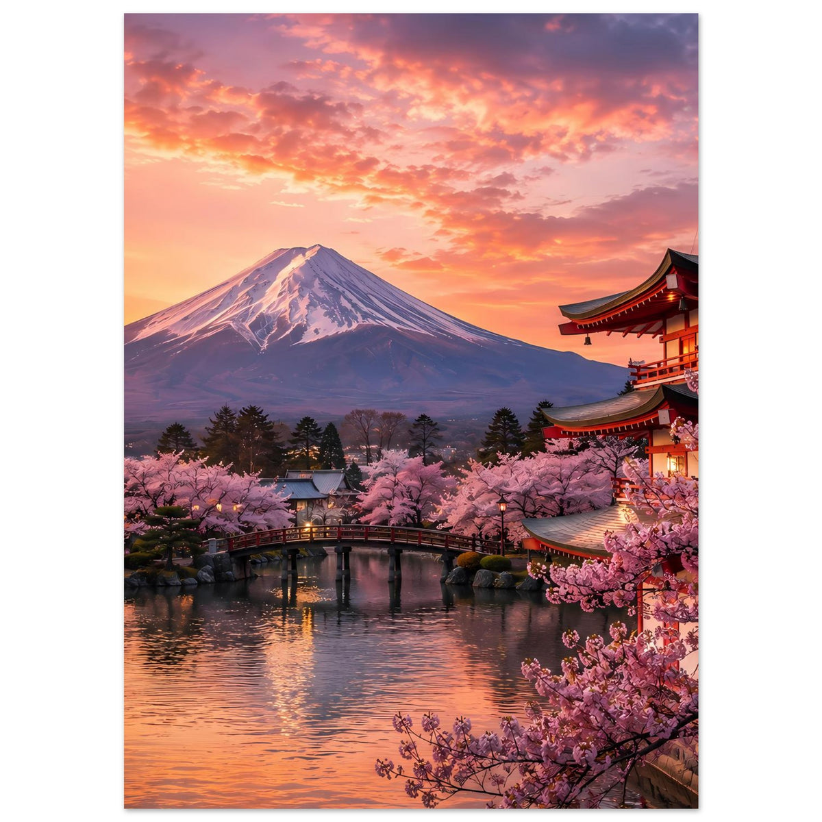 Wandposter mit Mount Fuji, Kirschblüten im Vordergrund und japanischem Tempel rechts