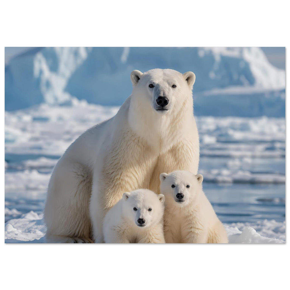 Kunstdruck mit großem Eisbär und zwei Jungtieren, dicht beieinander im Winterbild