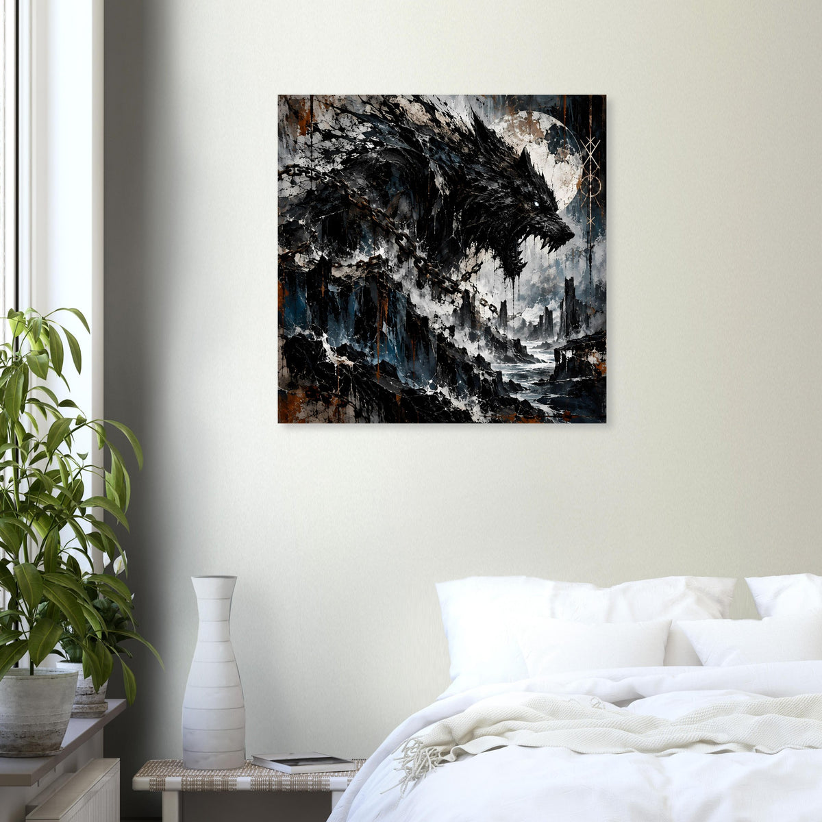 Quadratisches gerahmtes Wolfsposter mit wolkigem Himmel und kräftigen Blau-Schwarz-Tönen