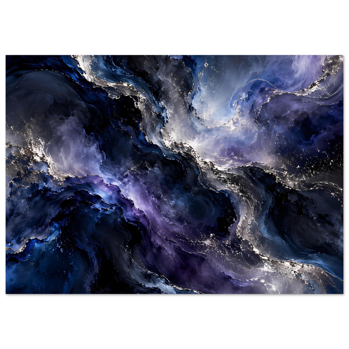 Weltraum-Poster mit dunklen blauen und silbernen Nebelwirbeln, abstrakte Wolkenoptik