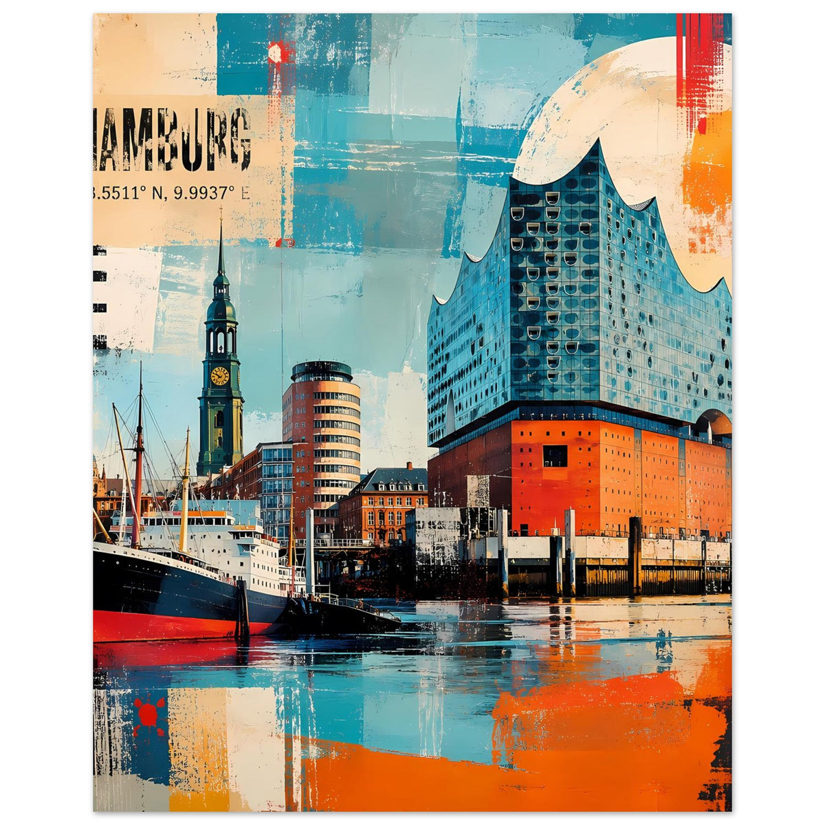 Poster mit Hamburger Hafen und Elbphilharmonie, türkis-orange Farbcollage, vertikal