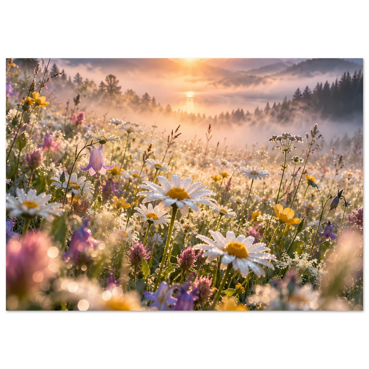 Querformatiges Poster mit Wildblumenwiese, gelben Blütenköpfen und sanftem Morgennebel.