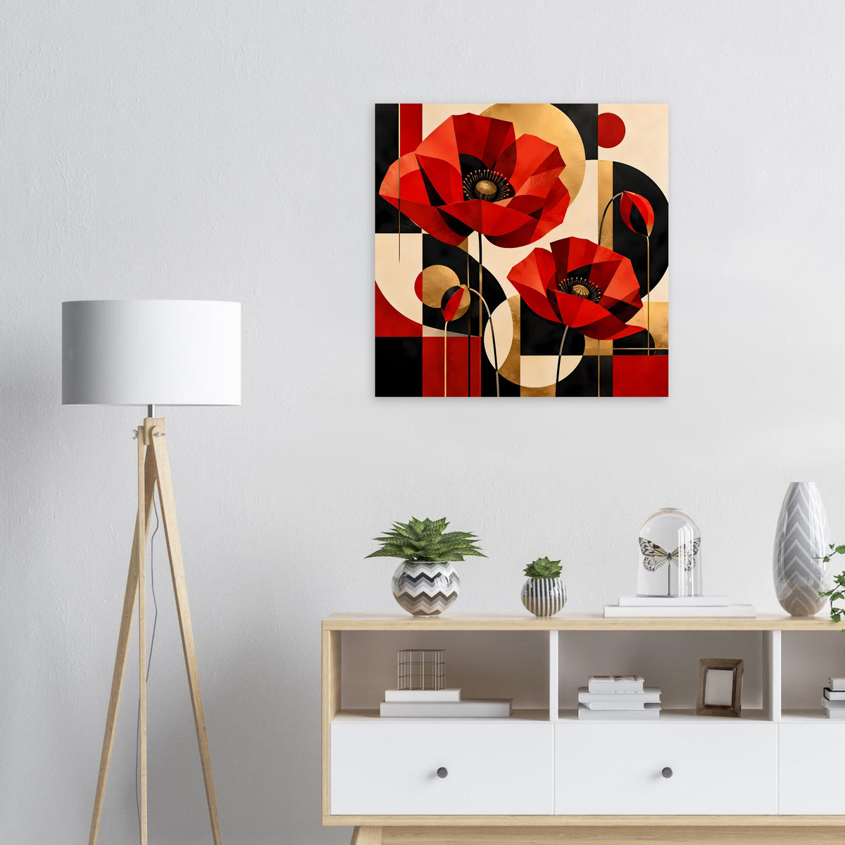 Gerahmtes Kunstposter mit abstrakten roten Mohnblumen, goldbeigen Kreisen und schwarzen Formen