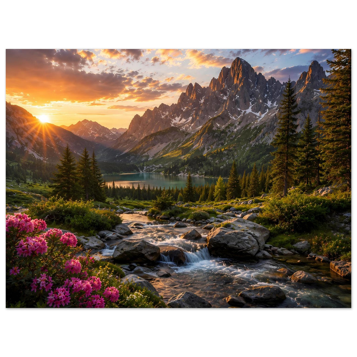 Wandposter mit Sonnenaufgang über Bergen, Bachlauf zwischen Felsen, See und Tannen.