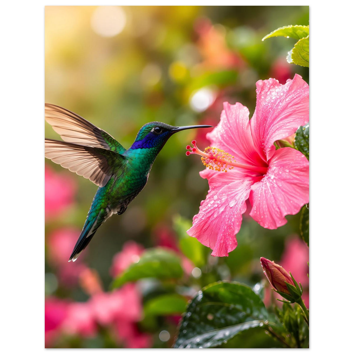 Naturposter: Kolibri vor Hibiskusblüte in Pink mit zarten Details der Staubblätter und Blättern
