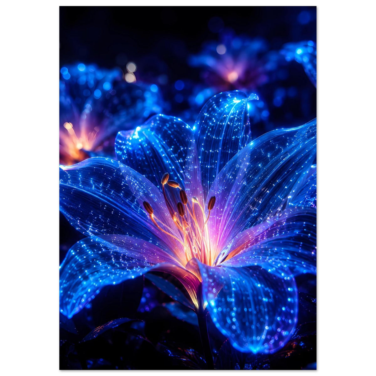 Blumenposter mit großer blauer Blüte und violettes-orangefarbenem Lichtstrahl im Zentrum