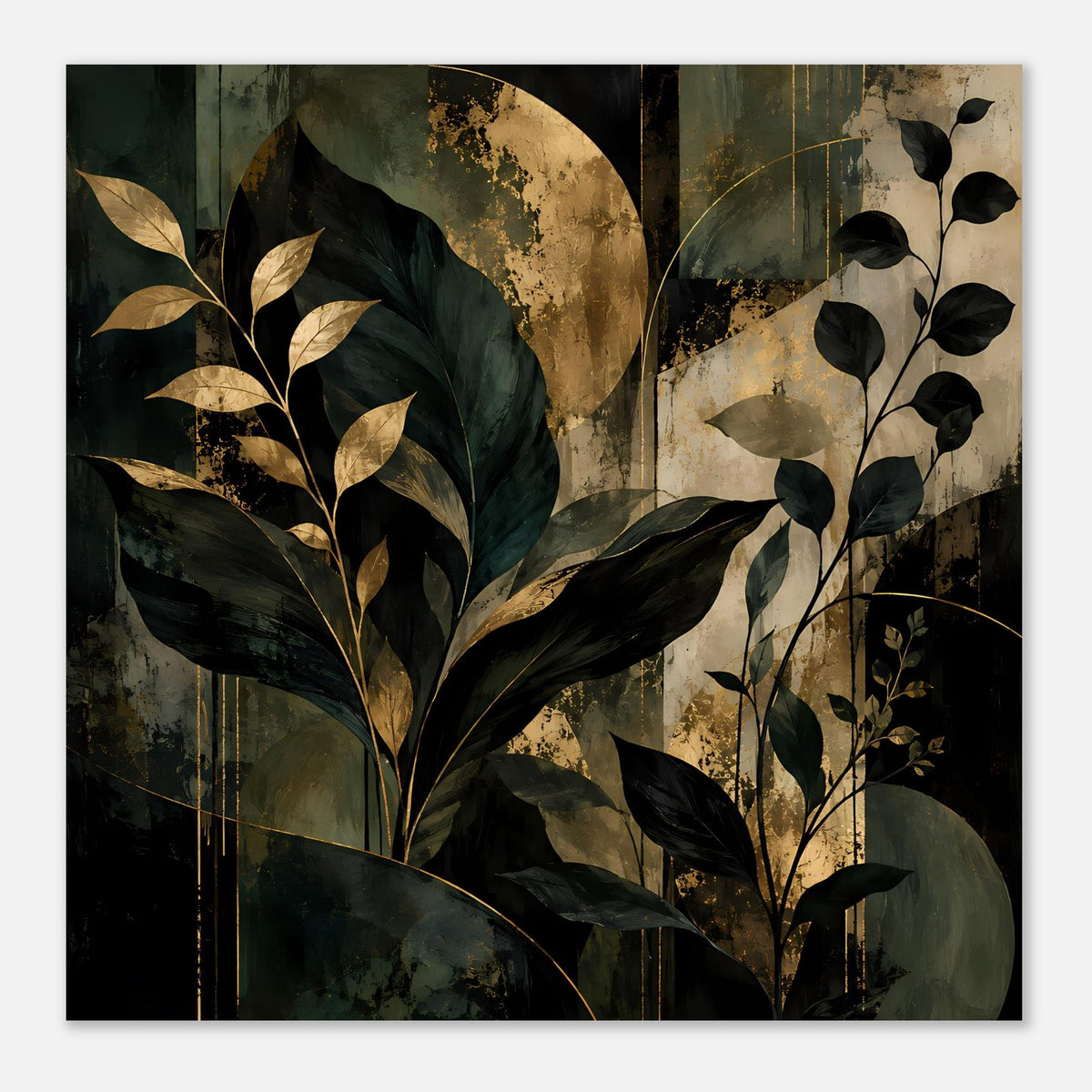 Kunstposter mit Pflanzenzweigen: dunkelgrün, schwarz und goldene Elemente in abstrakter Optik