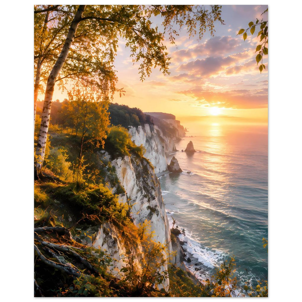 Küstenlandschafts-Poster mit Sonnenreflexen im Meer und schroffer Küstenwand