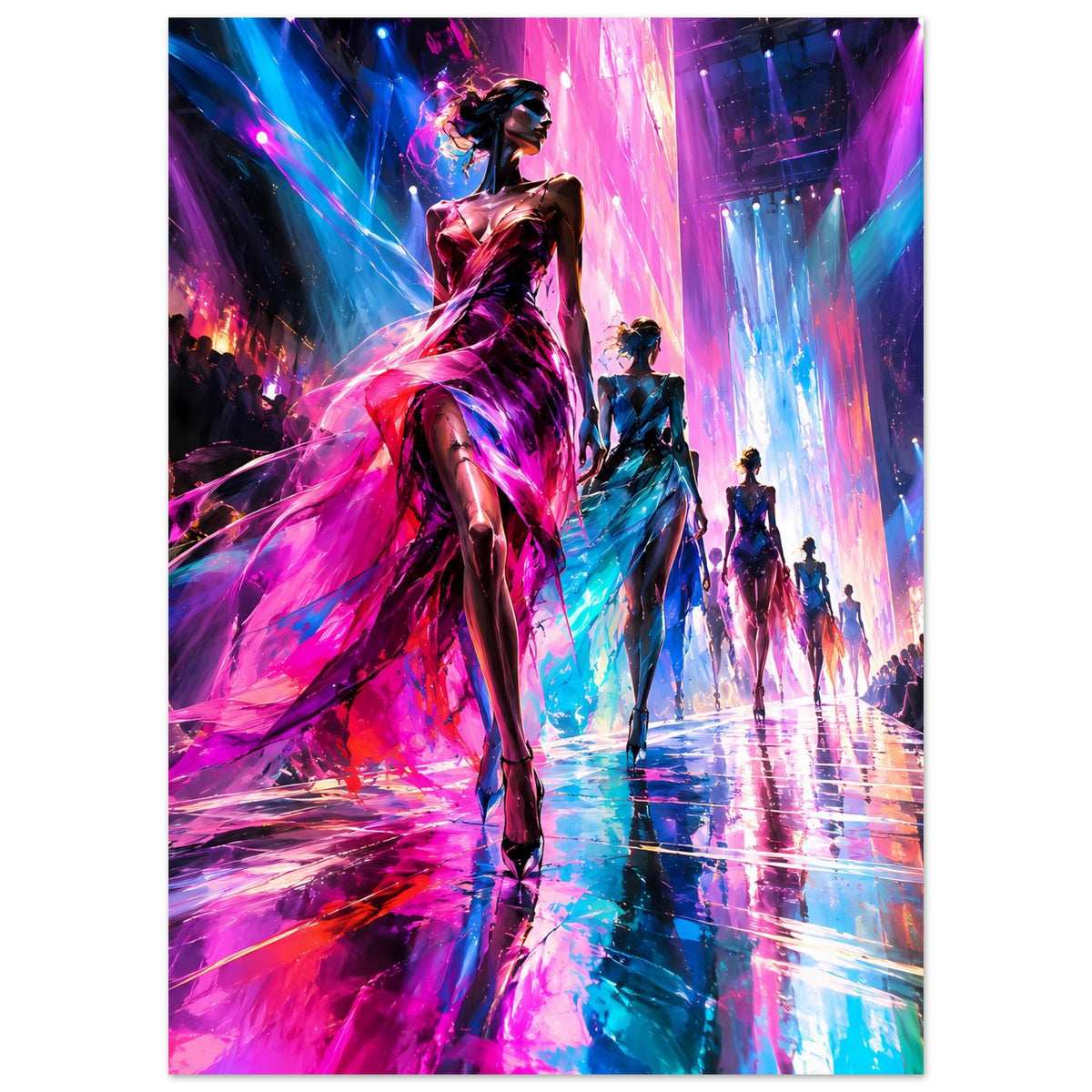 Poster: Laufsteg mit leuchtender Frau im Kleid, Neonpink und Blaue Lichtsäulen