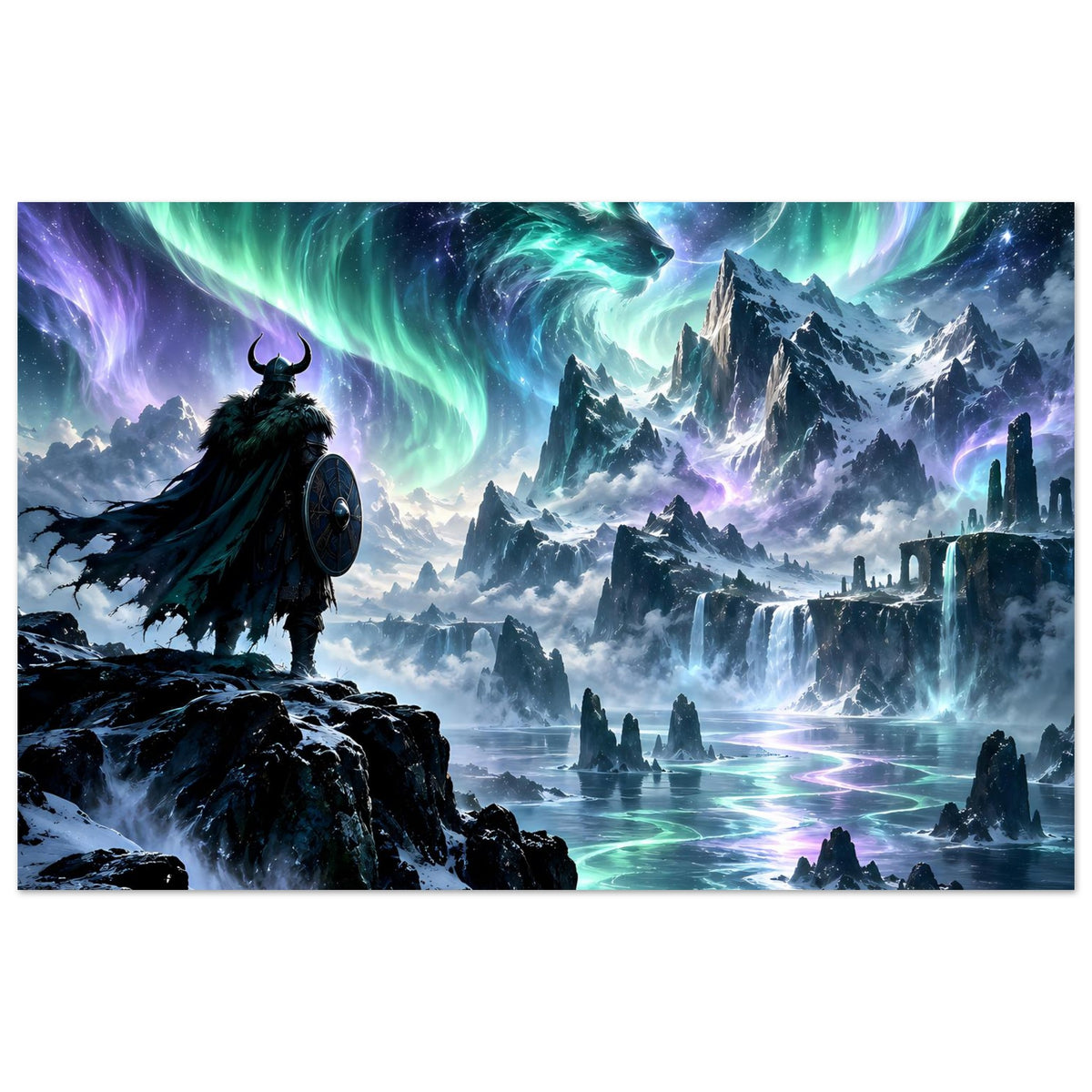 Fantasy-Poster: Wikingerkrieger auf Felsen, Polar-Drache über Nordlicht und Eiswelt