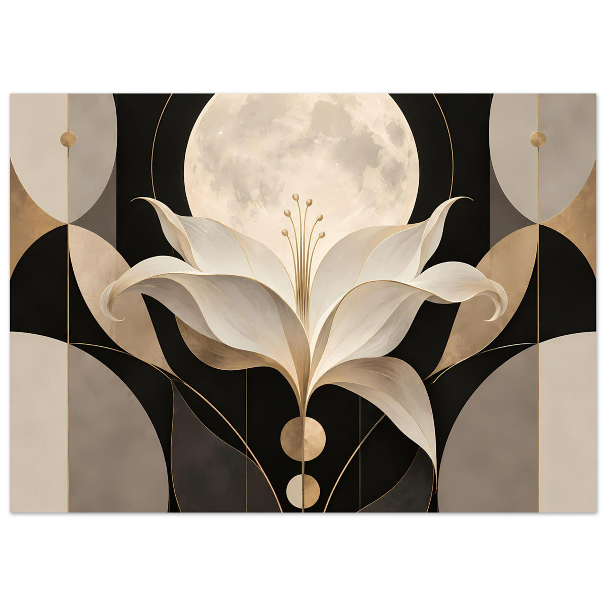 Art-déco-Poster mit Mond, Lilie in Creme und Gold auf dunklem Hintergrund