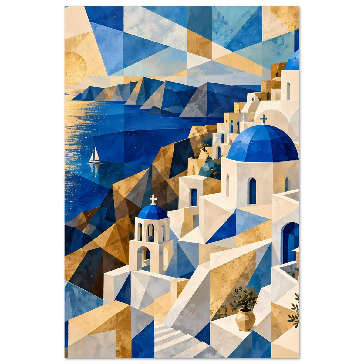 Hochkant-Poster mit blau-goldenem Geometriemuster, weißer Architektur und blauen Kuppeln im Meerblick