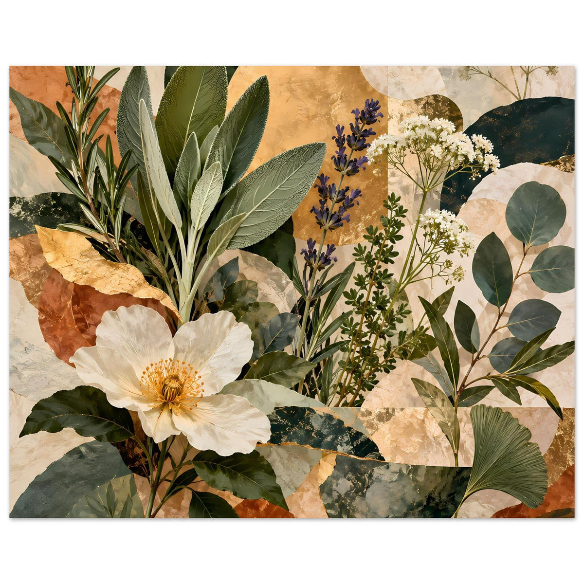 Botanisches Poster im Querformat: weiß blühende Pflanze, blaue Stauden, grüne Blätter