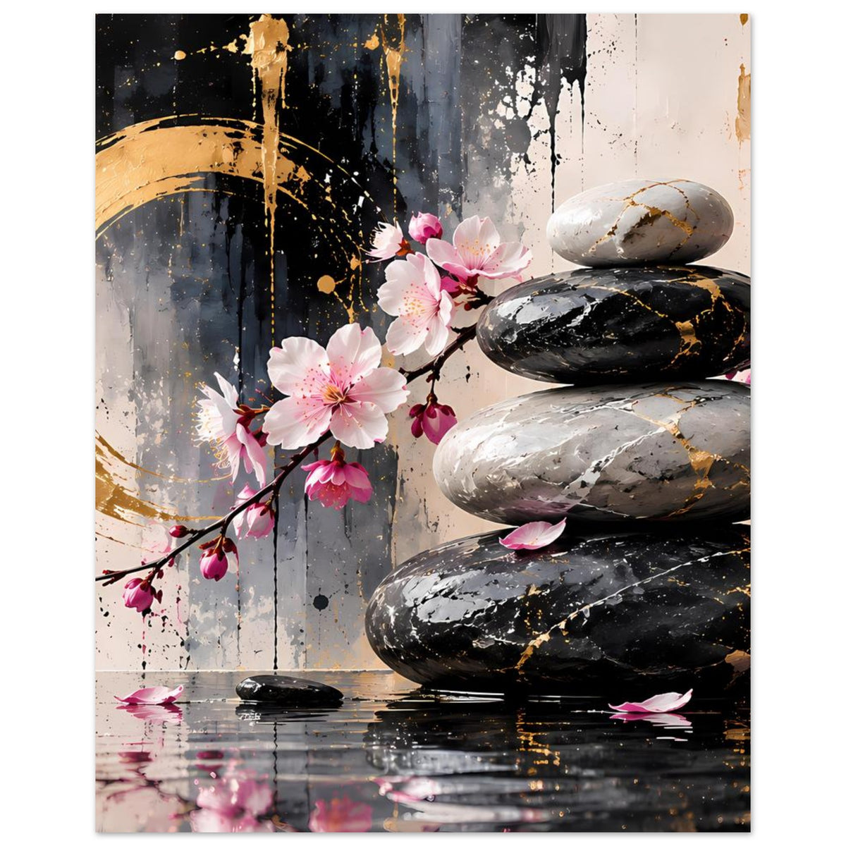 Zen-Poster im Hochformat mit Kirschblüten, drei Steinen und goldenen Akzenten