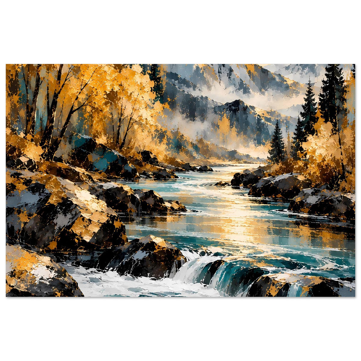 Herbstlandschafts-Poster mit Flusslauf, Wasserfall, Bergen und goldenen Baumkronen