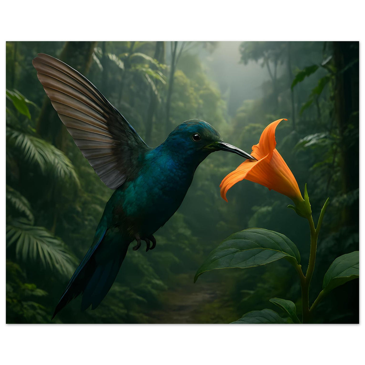 Poster im Querformat: blau-grüner Kolibri mit orangefarbener Blüte im Dschungel