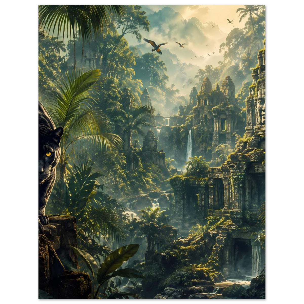 Poster im Querformat mit schwarzem Panther, Wasserfall in den Dschungelruinen