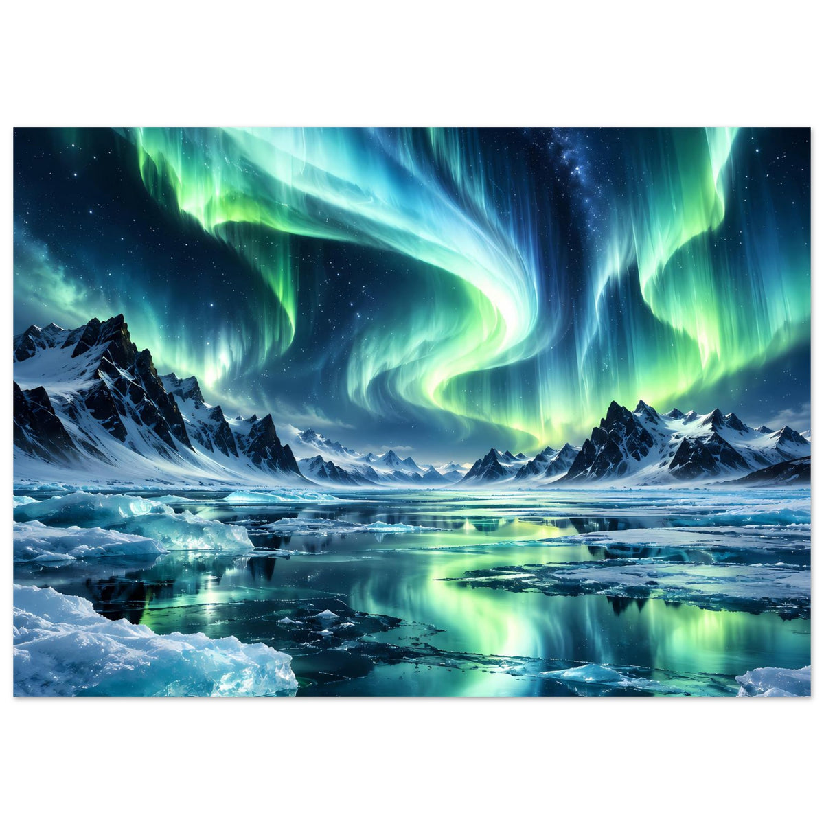 Horizontales Poster: Nordlichter über eisiger Berglandschaft mit Spiegelung im Wasser