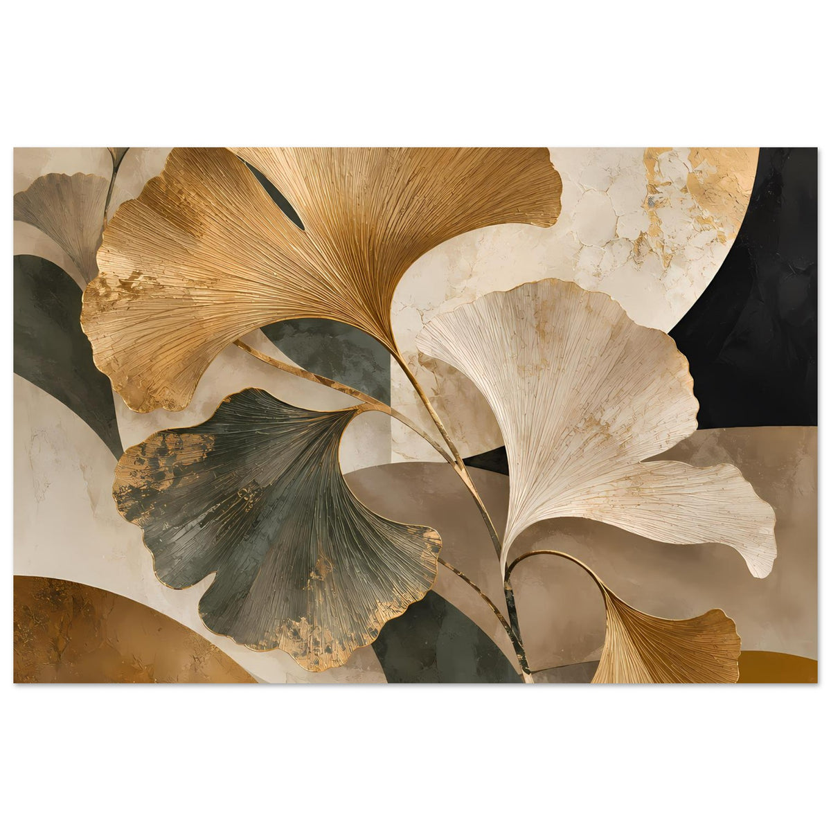 Botanisches Poster mit Ginkgo-Blättern in warmen Erdtönen, cremefarbener Hintergrund, horizontal