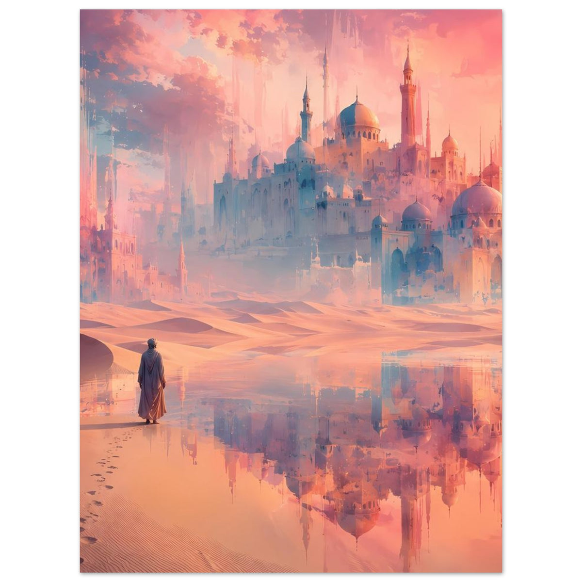 Poster mit Fantasiestadt, Wüstenlandschaft, Türmen, ruhiger Spiegelung und Gehender Figur