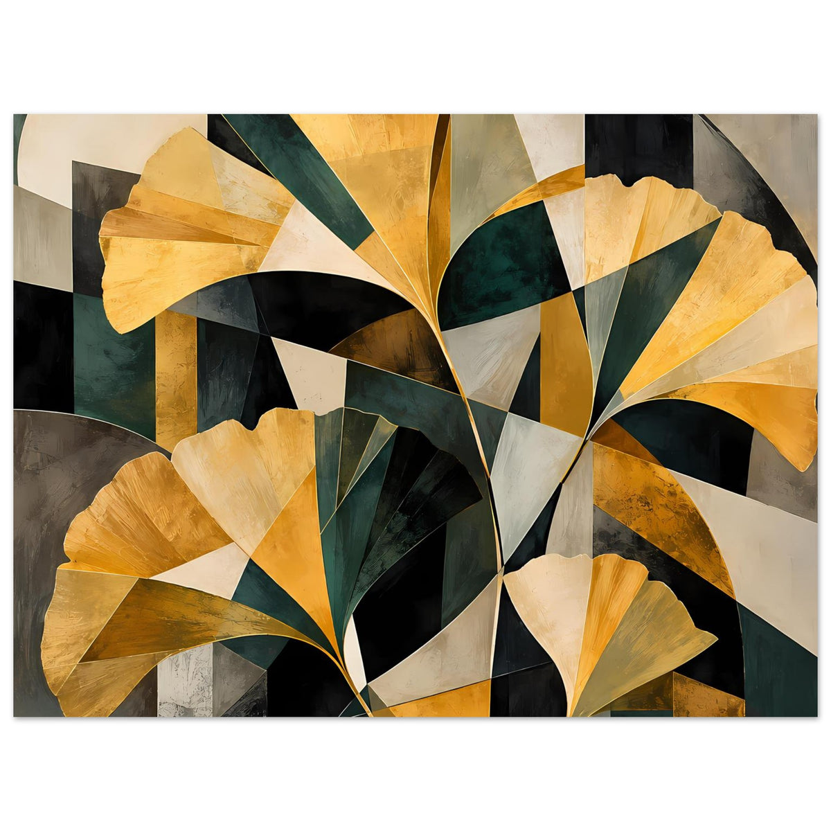 Abstraktes Blumenposter mit goldenen und tiefgrünen Blütenformen, geometrisch, Querformat