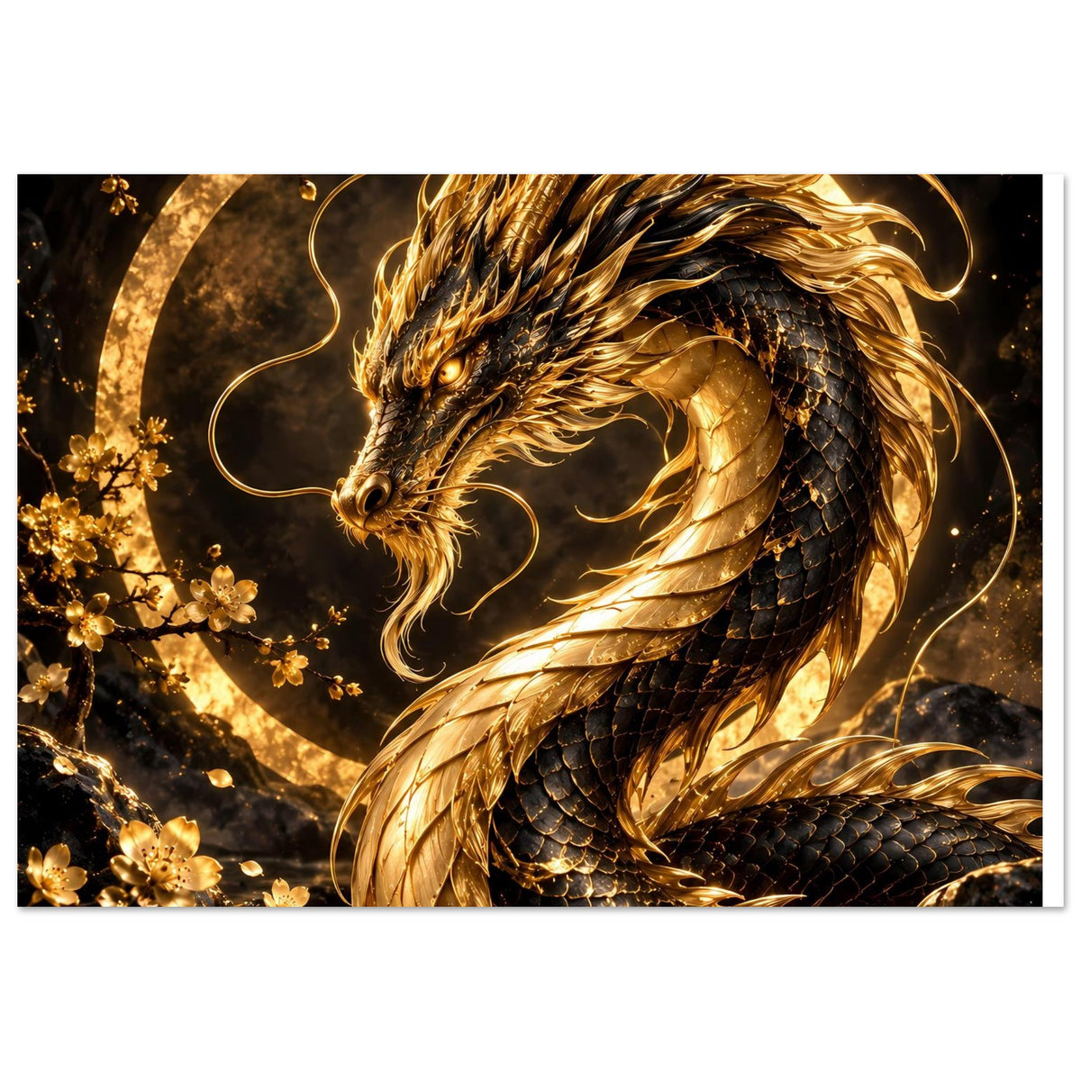 Drachenposter mit goldenem Drachenprofil, Flügelmähne und Schuppenwand im Vordergrund