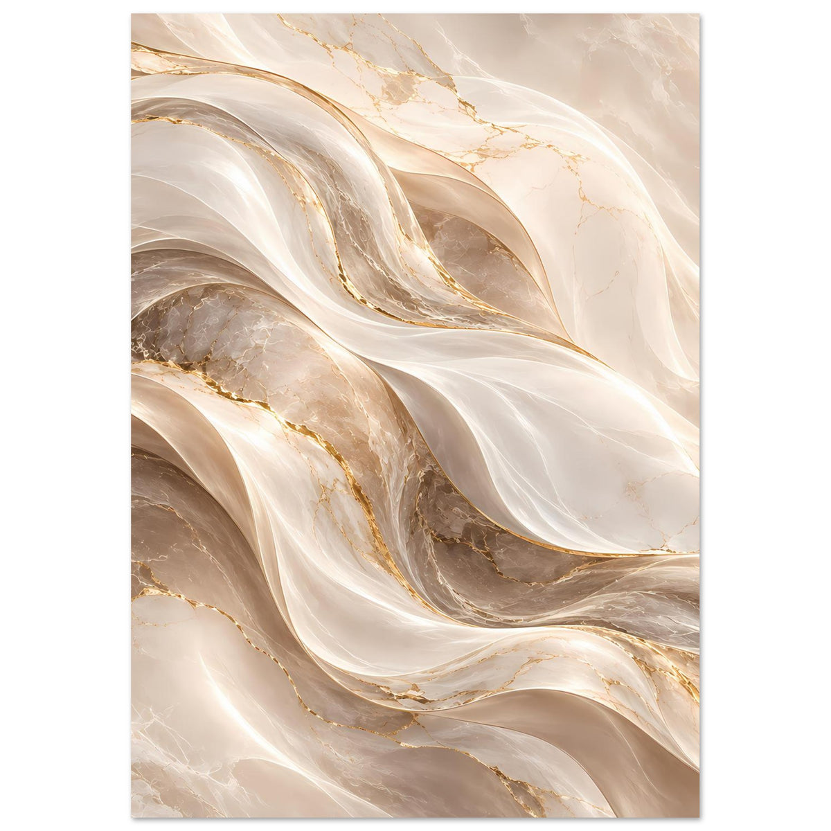 Abstraktes Wellen-Poster im Hochformat, goldene Wellenlinien auf Creme.