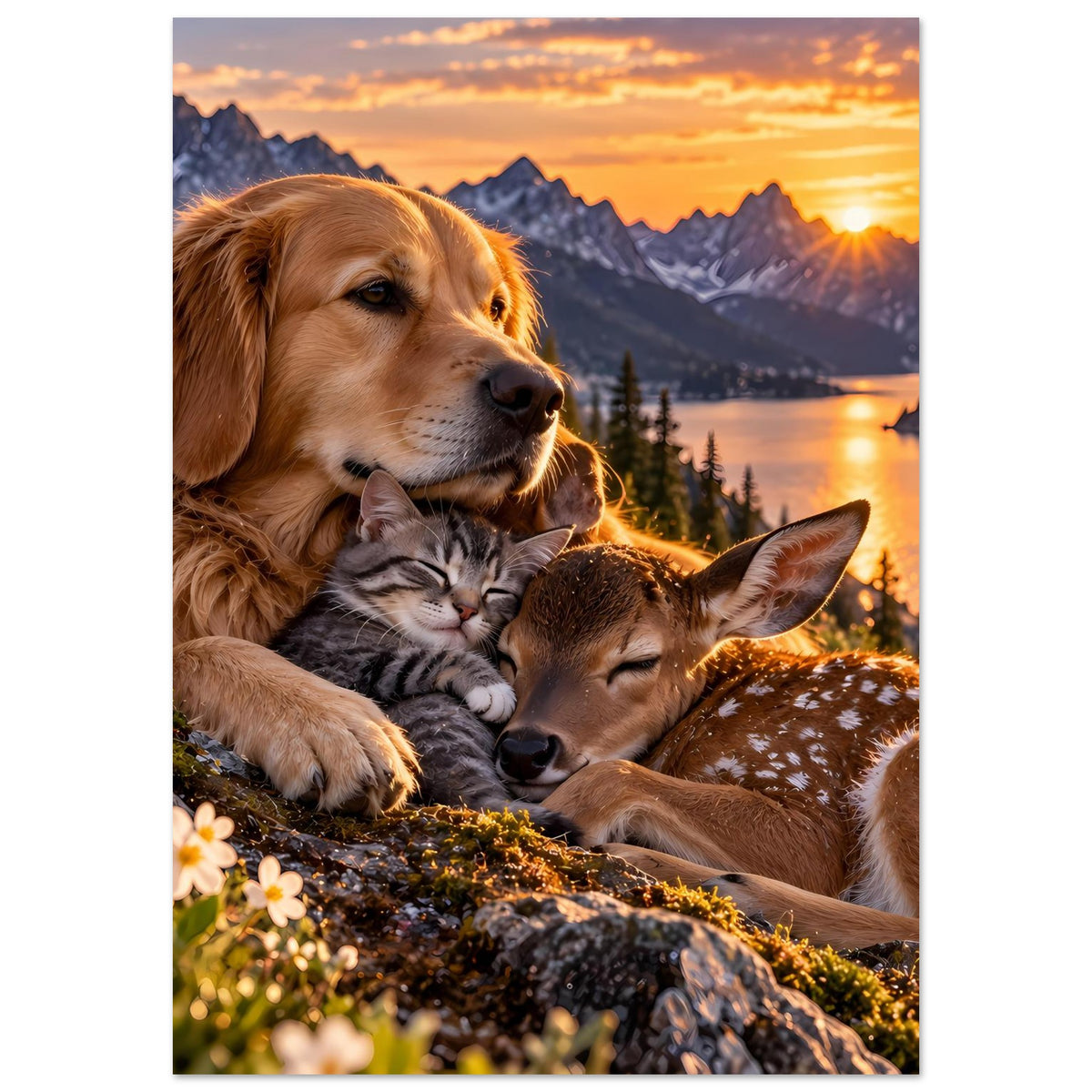 Tierliebe-Poster: goldener Hund, schlafende Katze und Rehkalb kuscheln bei Sonnenlicht
