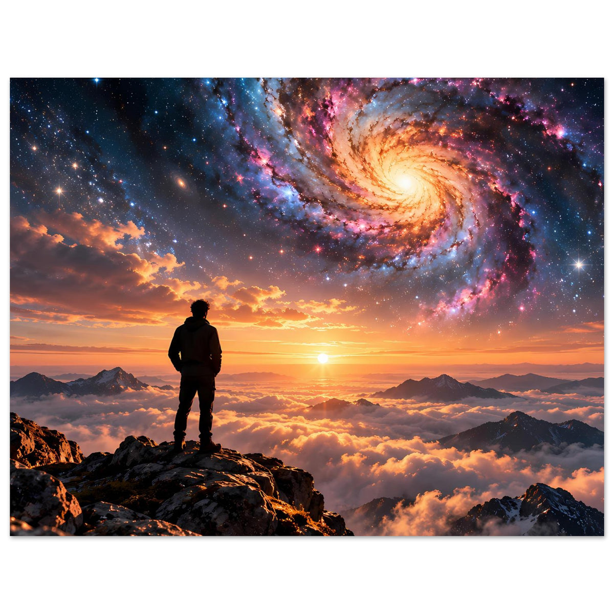 Querformat-Poster: Silhouette auf Berggipfel, Spiralgalaxie im Sternenhimmel und Sonnenuntergang